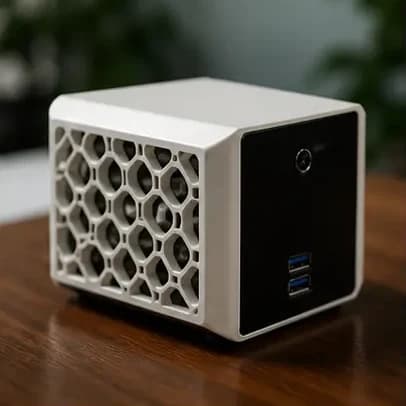 White electronics enclosure with honeycomb ventilation, FDM 3D printed at Fabrilox